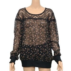Metaphor‎ Women's Black Sheer Flower Design Long Sleeve - Size XL